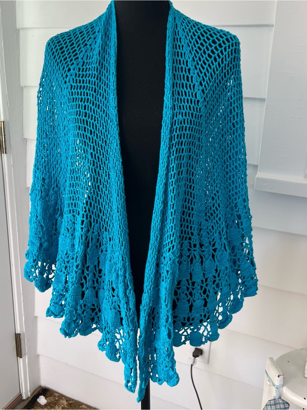 Handmade Crochet Open Front Shawl in Vibrant Teal